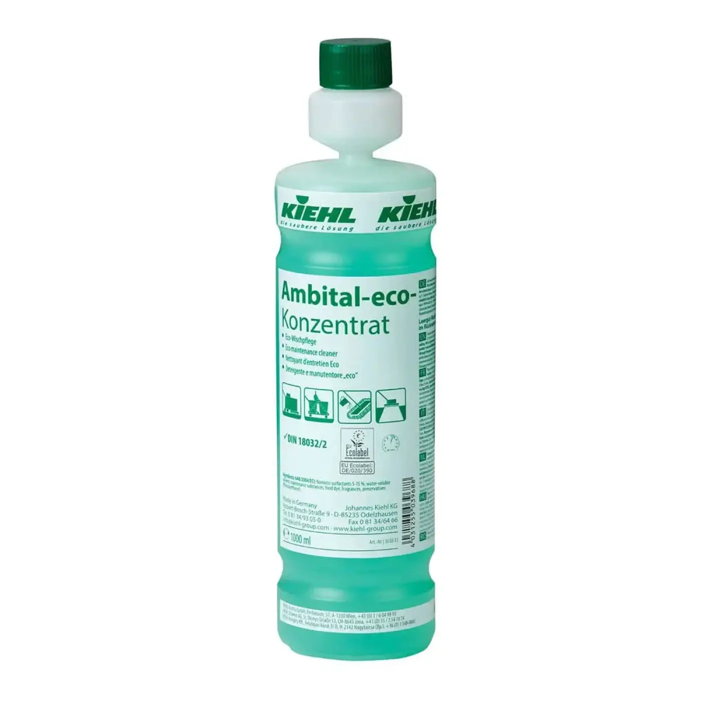 Eine transluzente grüne flasche kiehl’s ambital-eco-konzentrat 1l mit weißem hals und dunkelgrünem deckel für wischpflege