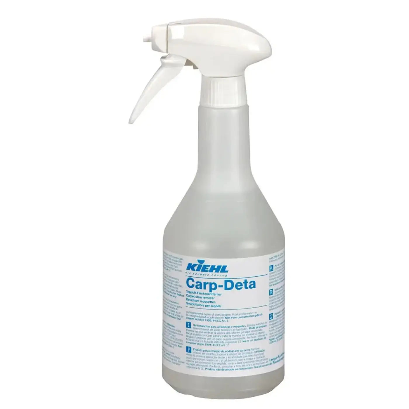 Weiße plastik-sprühflasche mit weißer abzugdüse kiehl’s carp-deta textilreiniger und fleckenentferner 750ml