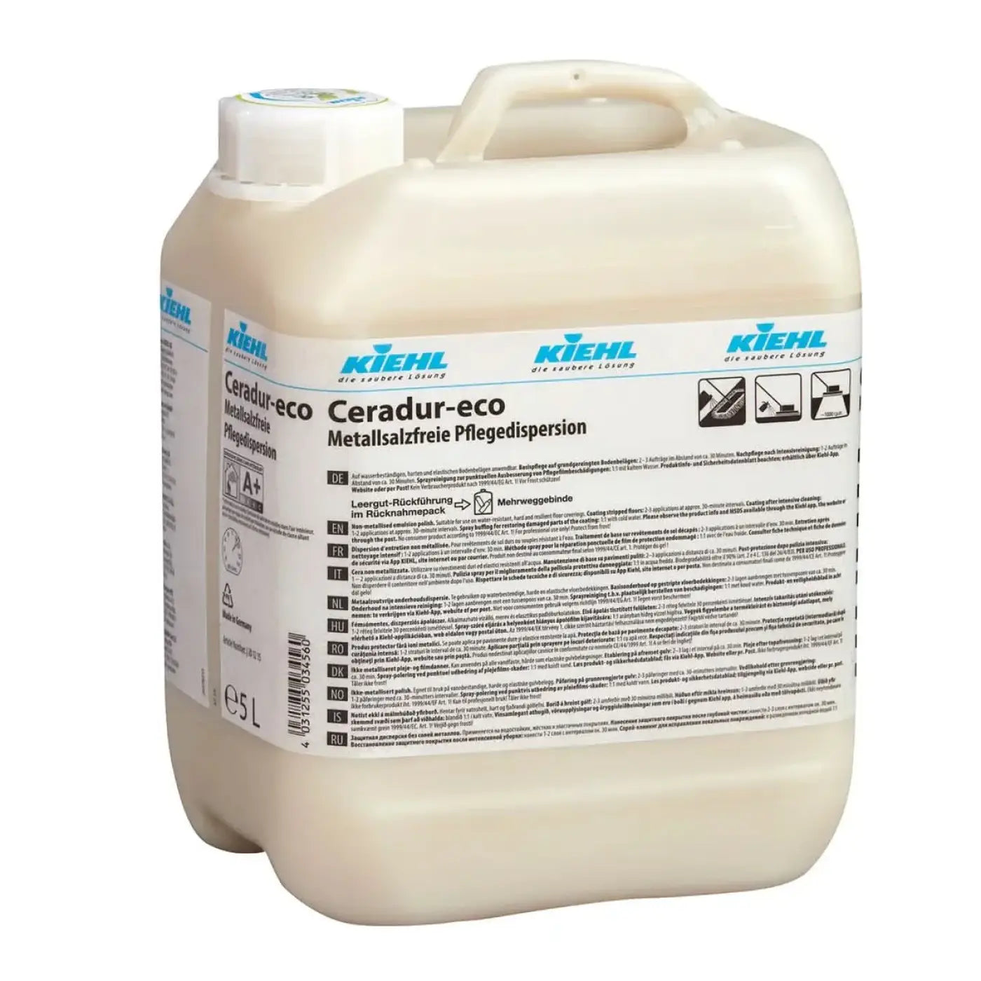 Weißer plastikkanister von kiehl ceradur eco pflegedispersion 5l metallfreie reinigungsdispersion