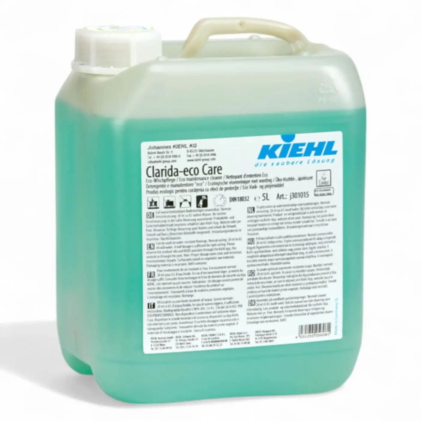 Grüne plastikflasche mit weißem verschluss und etikett von kiehl clarida-eco care öko-waschreiniger 5l
