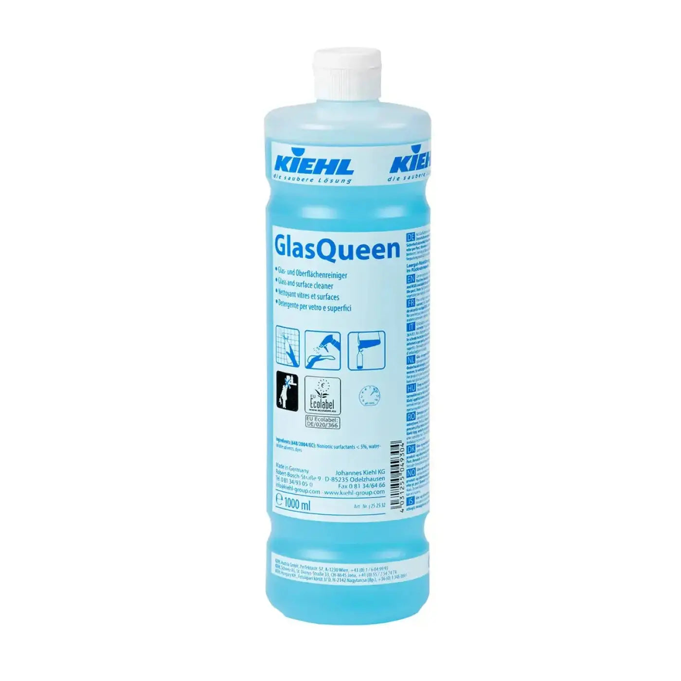 Lichtblaue plastikflasche von Kiehl’s GlasQueen glas- und oberflächenreiniger 1000 ml für streifenfreie saubere oberflächen