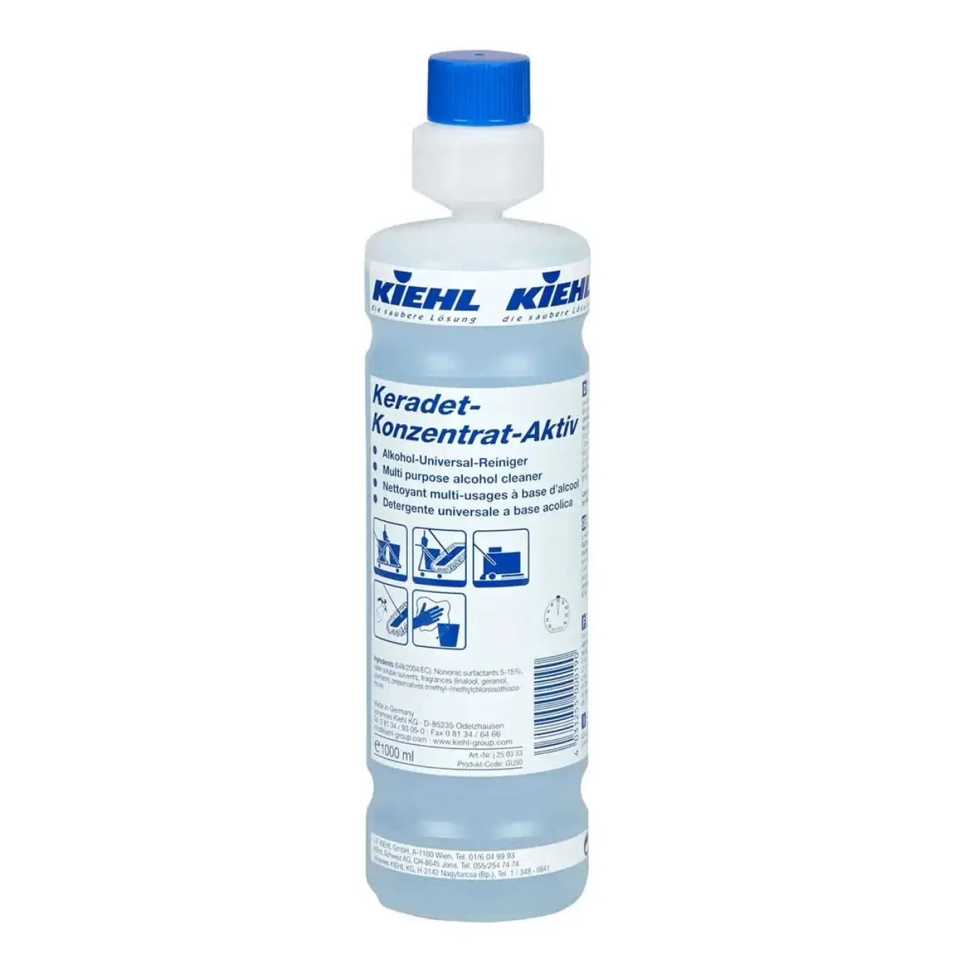 Ein klarer kunststoffflasche mit blauem deckel und weißem etikett, die kiehls keradet-konzentrat-aktiv allzweckalkoholreiniger enthält