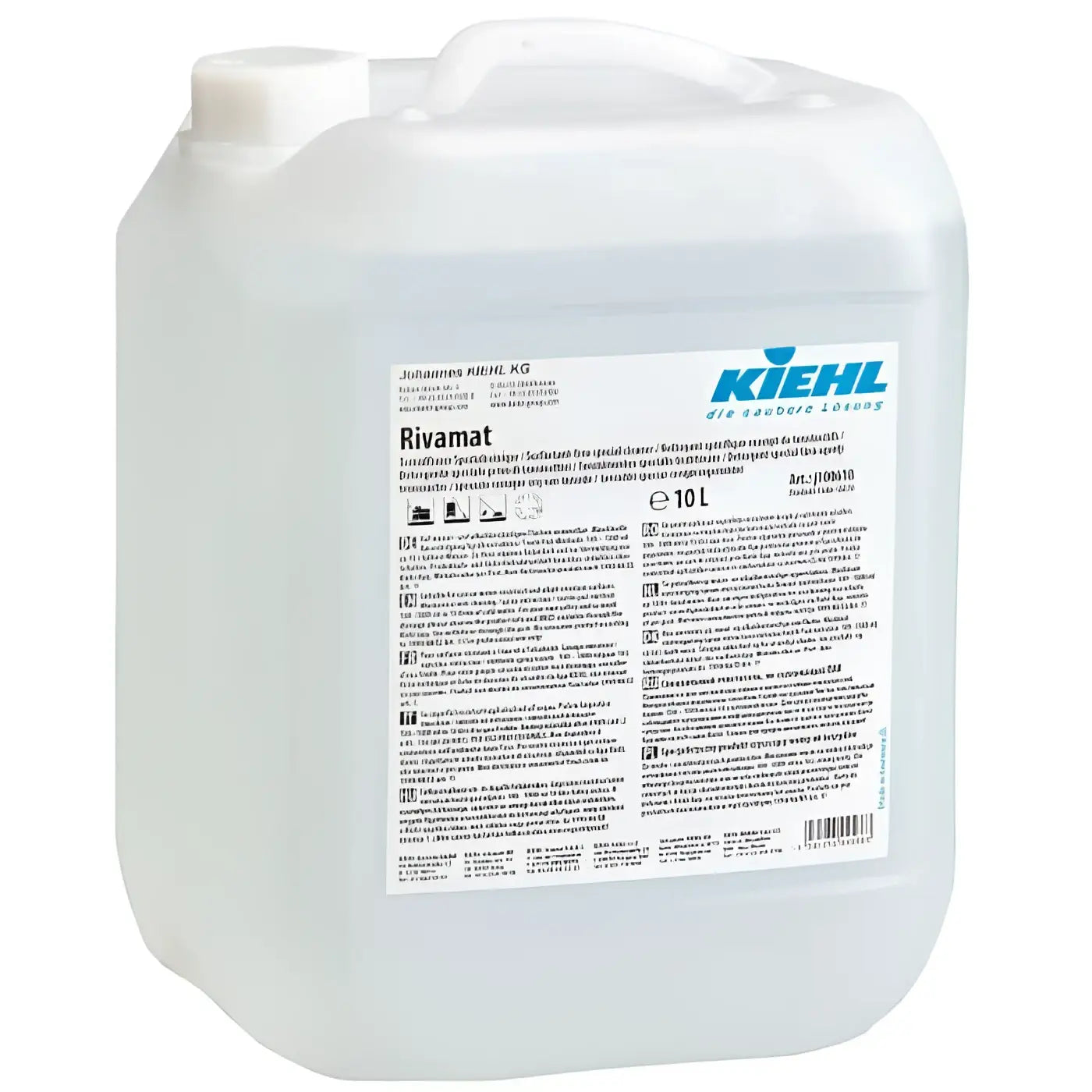 Weißer kunststoffkanister mit weißem deckel und kiehl’s rivamat tensidfreier automatenreiniger 10 liter etikett