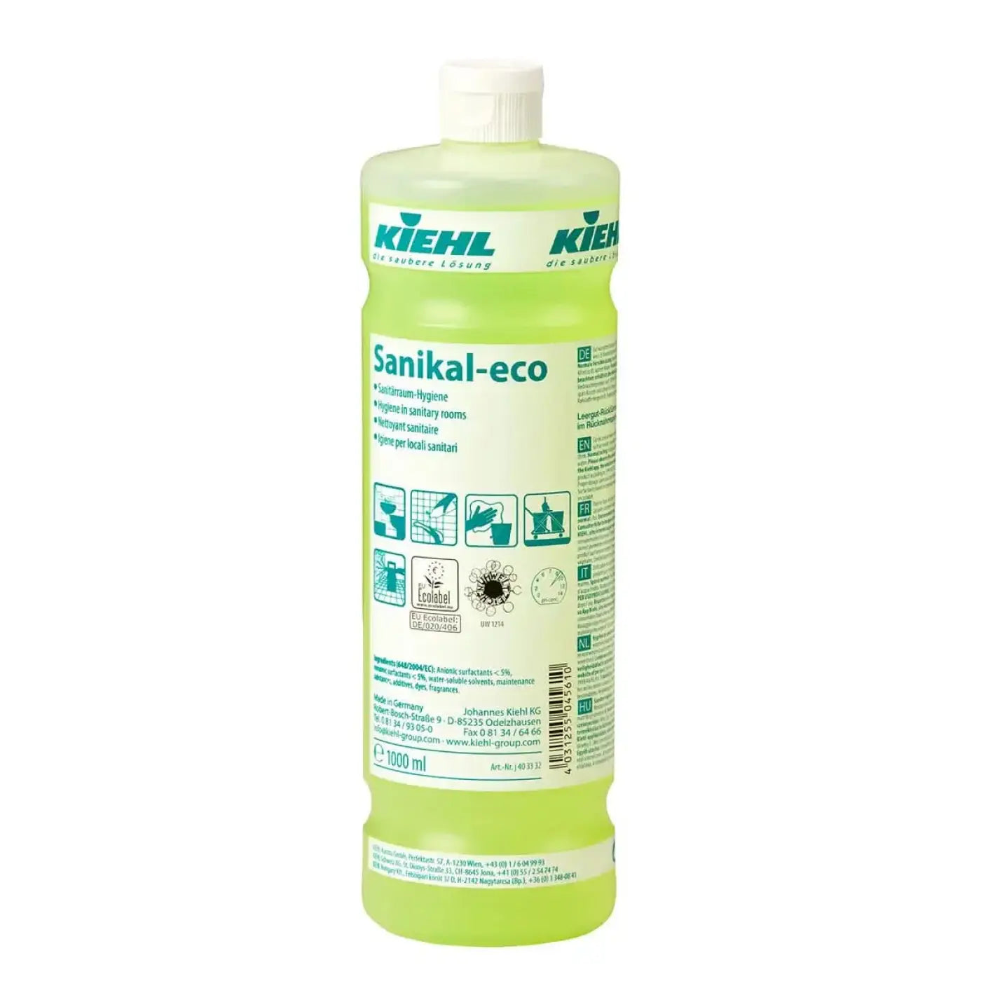 Eine durchscheinend limettengrüne plastikflasche mit weißem schraubverschluss etikettiert kiehl sanikal-eco für umweltfreundliche sanitärreinigung