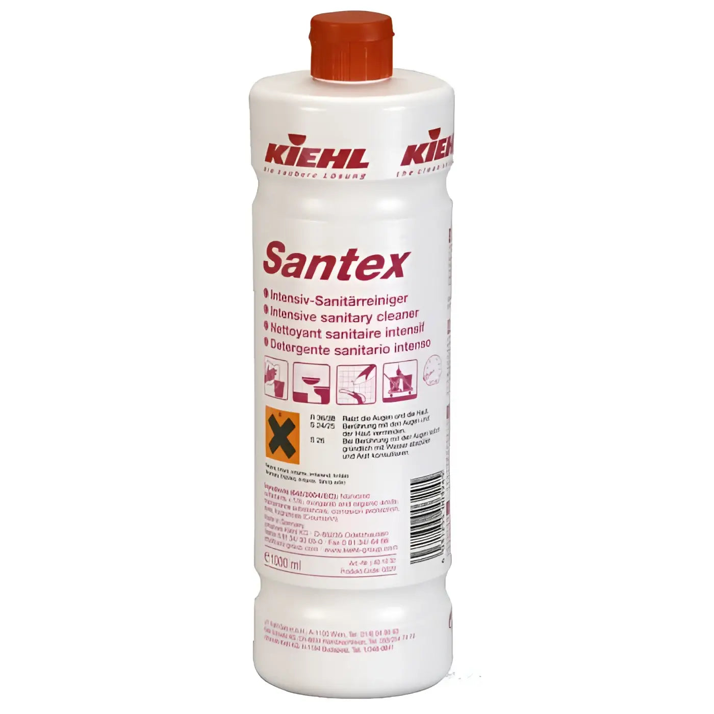Weiße plastikflasche mit orangefarbenem deckel, etikett kiehl santex intensiv sanitärreiniger 1l in rot und schwarz