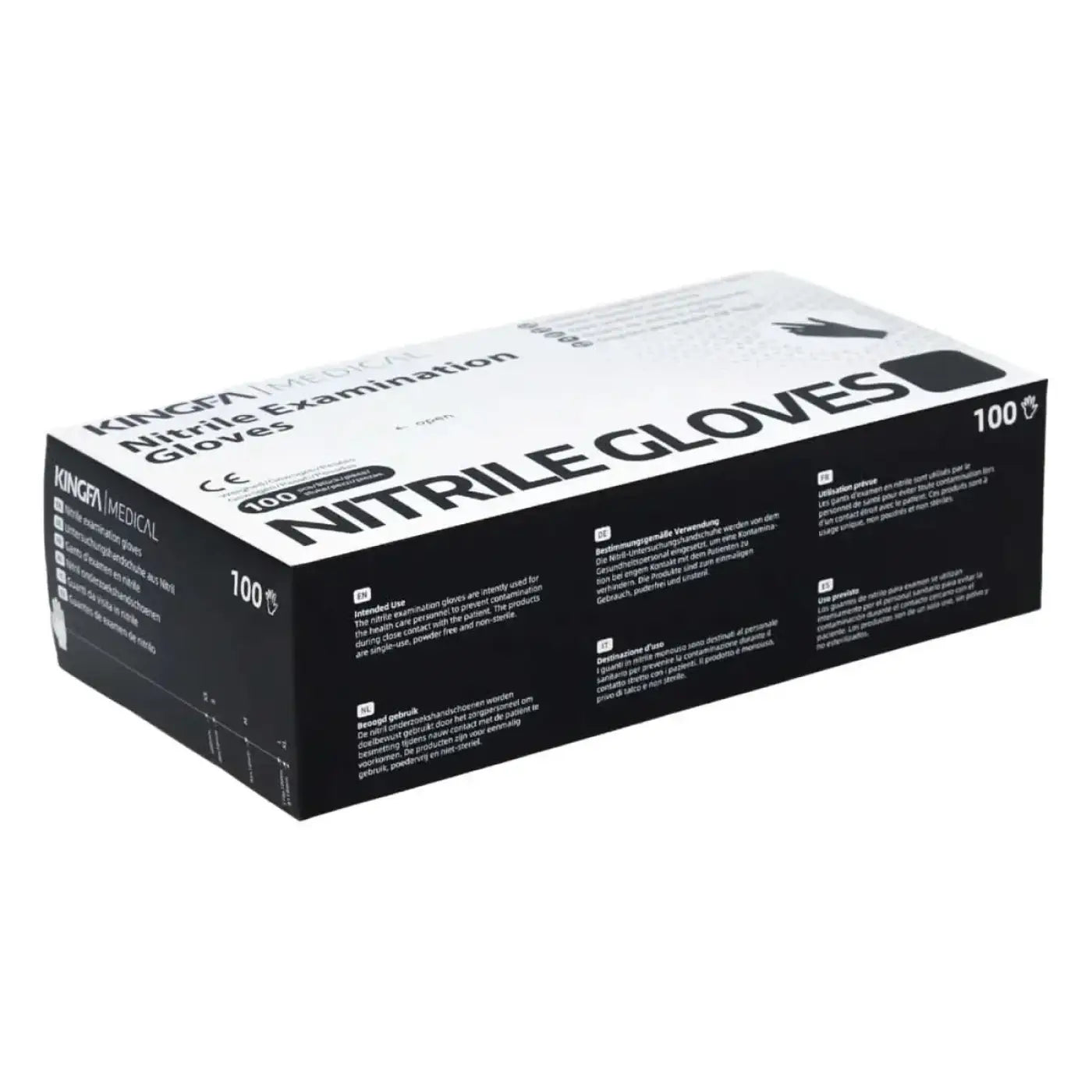 Schwarze puderfreie nitril-untersuchungshandschuhe von kingfa in einer schwarz-weißen box mit 100 stück