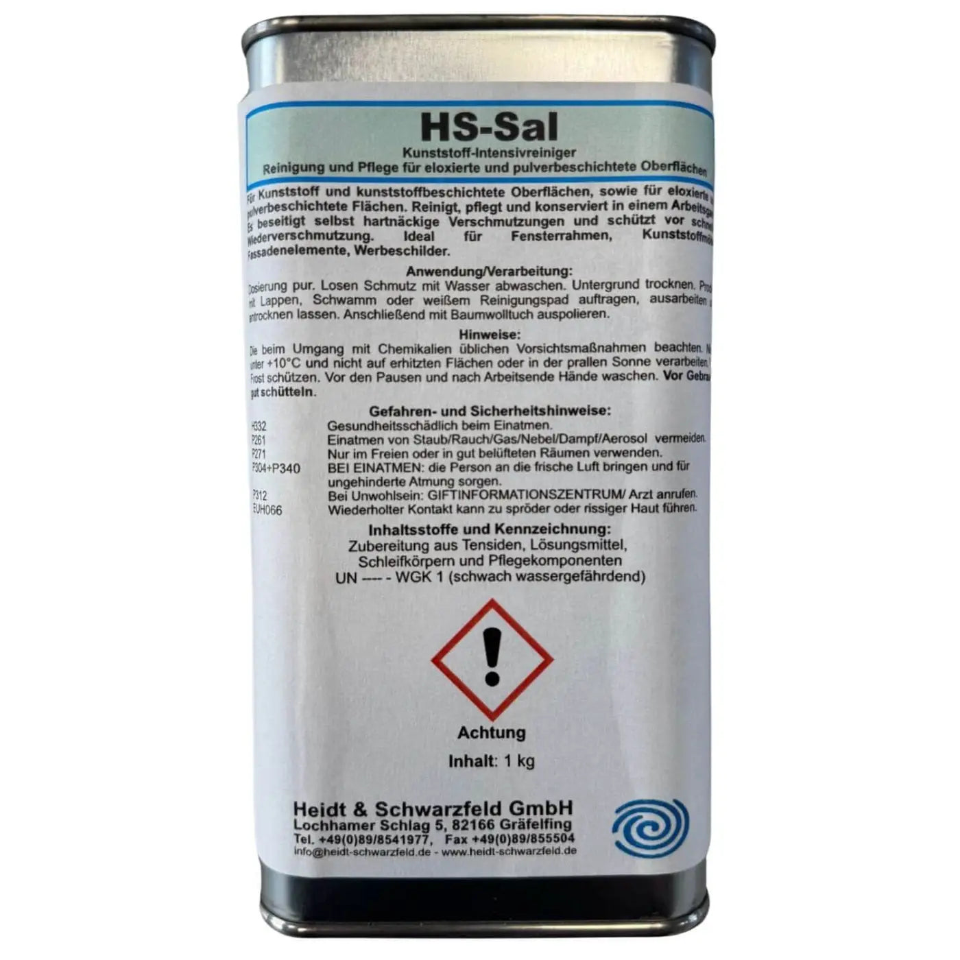 Ein zylindrisches metallkanister mit silbernem körper und blauem etikett für intensiv-kunststoffreiniger für oxidierte oberflächen