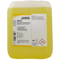 Gelbe flüssigseife in weißem kunststoffbehälter mit label langguth professional hp21 sanolin schaumseife 10l