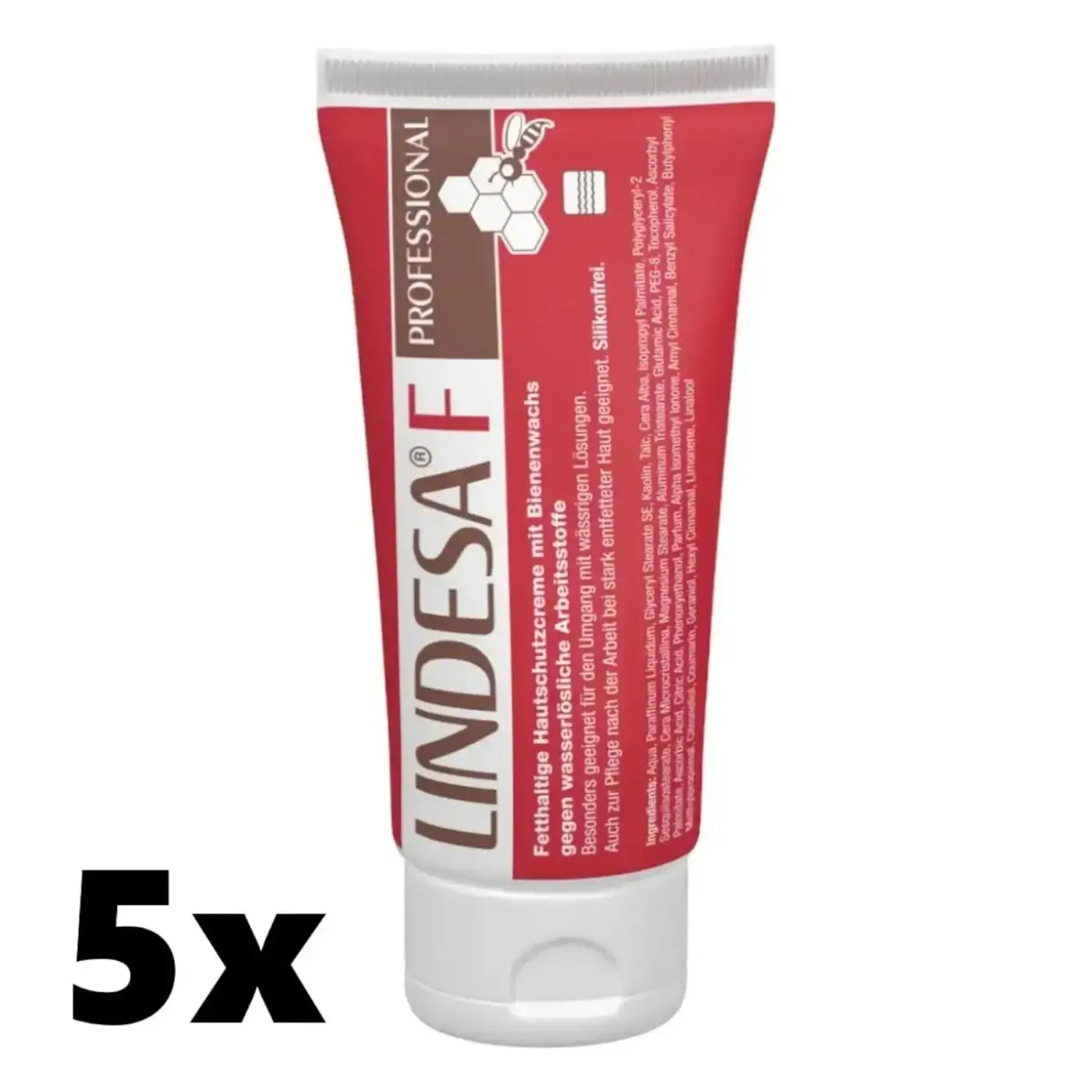 Roter und weißer lindesa f professional hautschutzcreme tube 100ml mit bienenlogo für professionelle handpflege