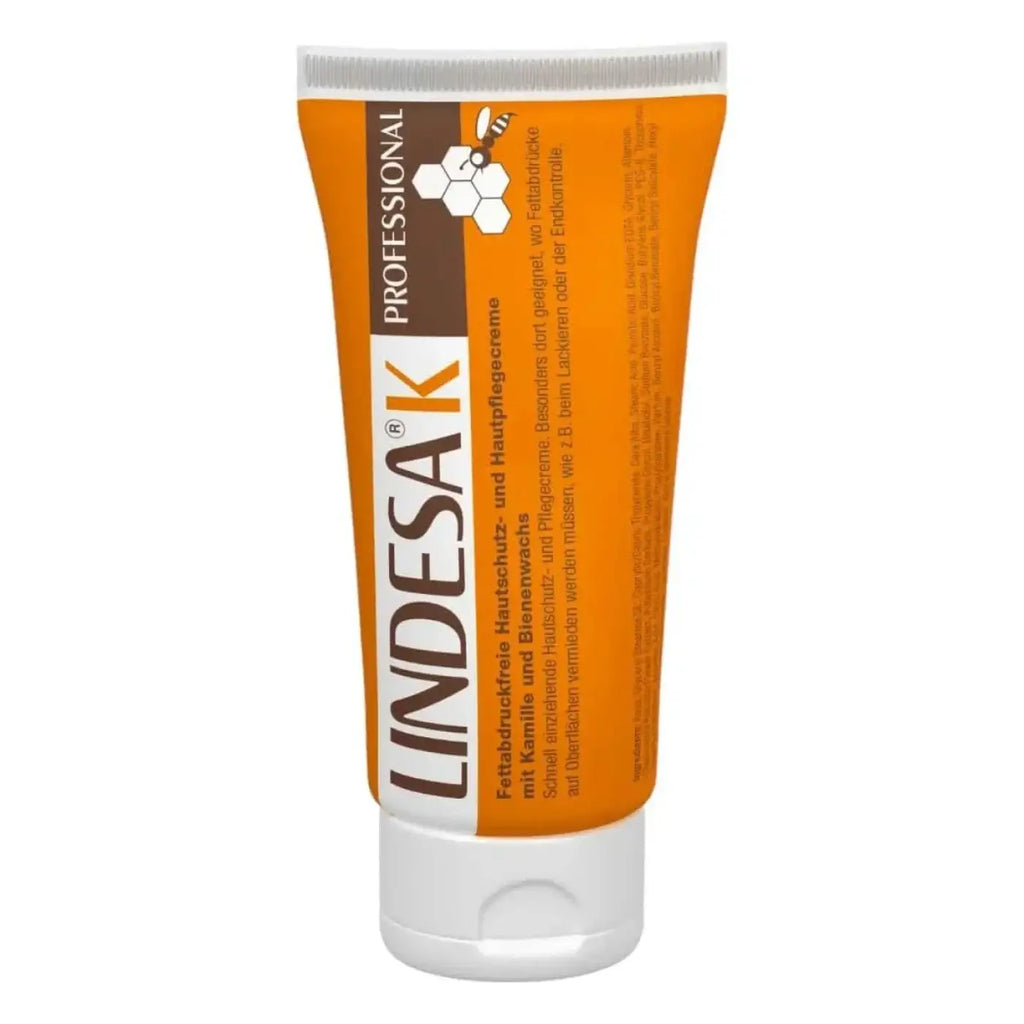 Orange-weiße tube lindesa professional hautschutzcreme mit bienenwachs für hand- und körperpflege