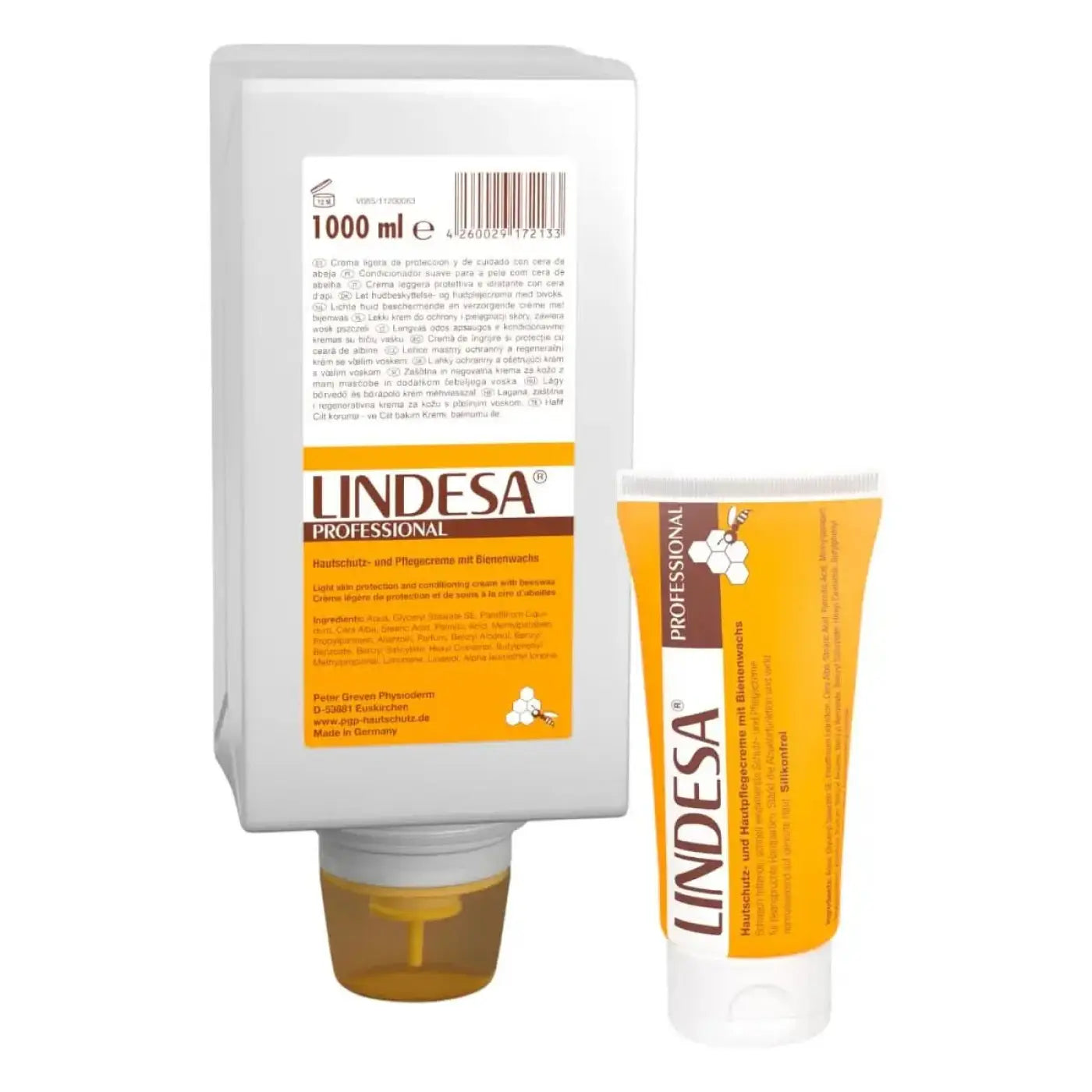 Weiß-orangefarbener lindesä professional handcreme-spender mit braunem deckel für lindesa pure professional hautschutzcreme