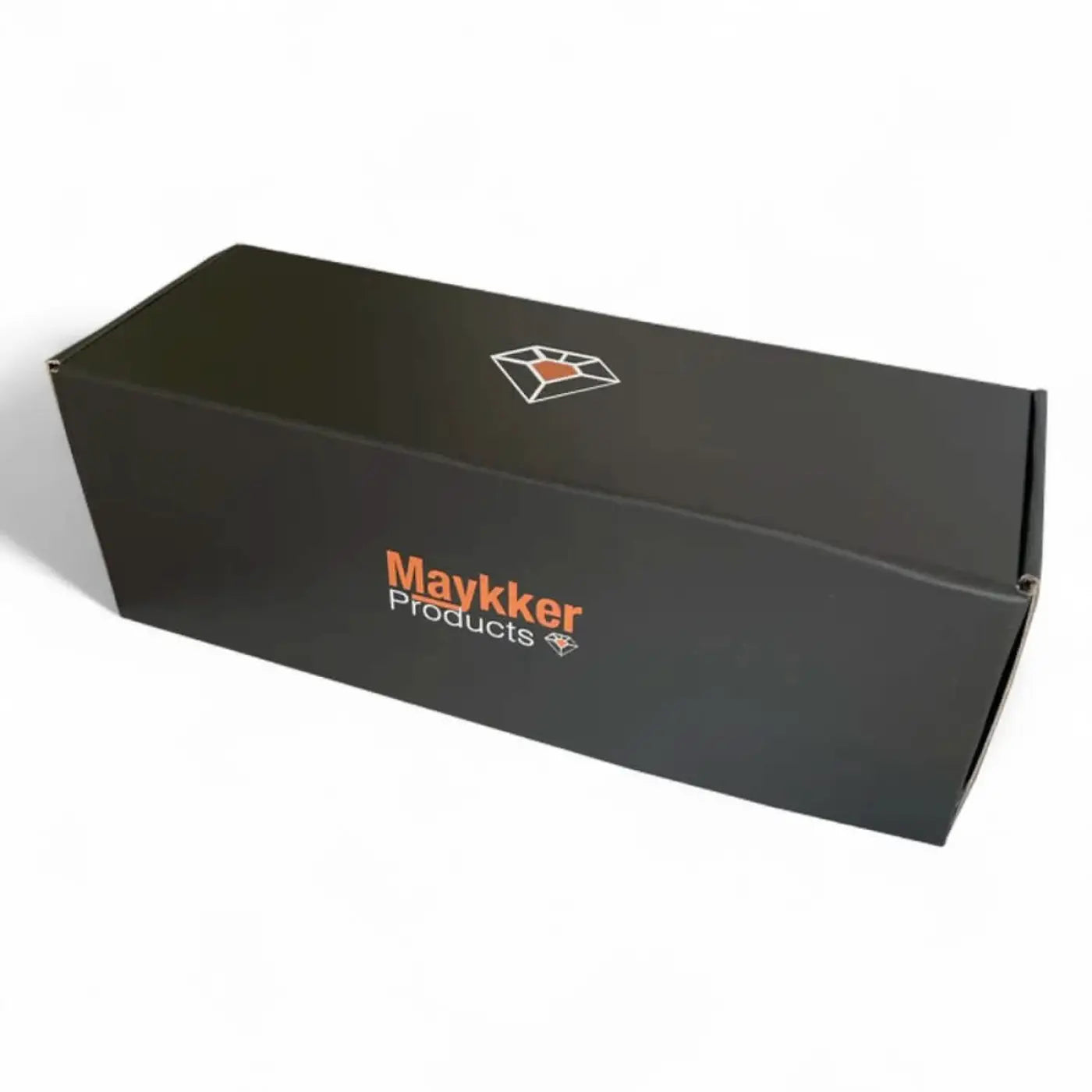 Schwarze rechteckige kartonverpackung aus pappe mit maykker products logo in orange und weiß für maykker silencer ii köcher