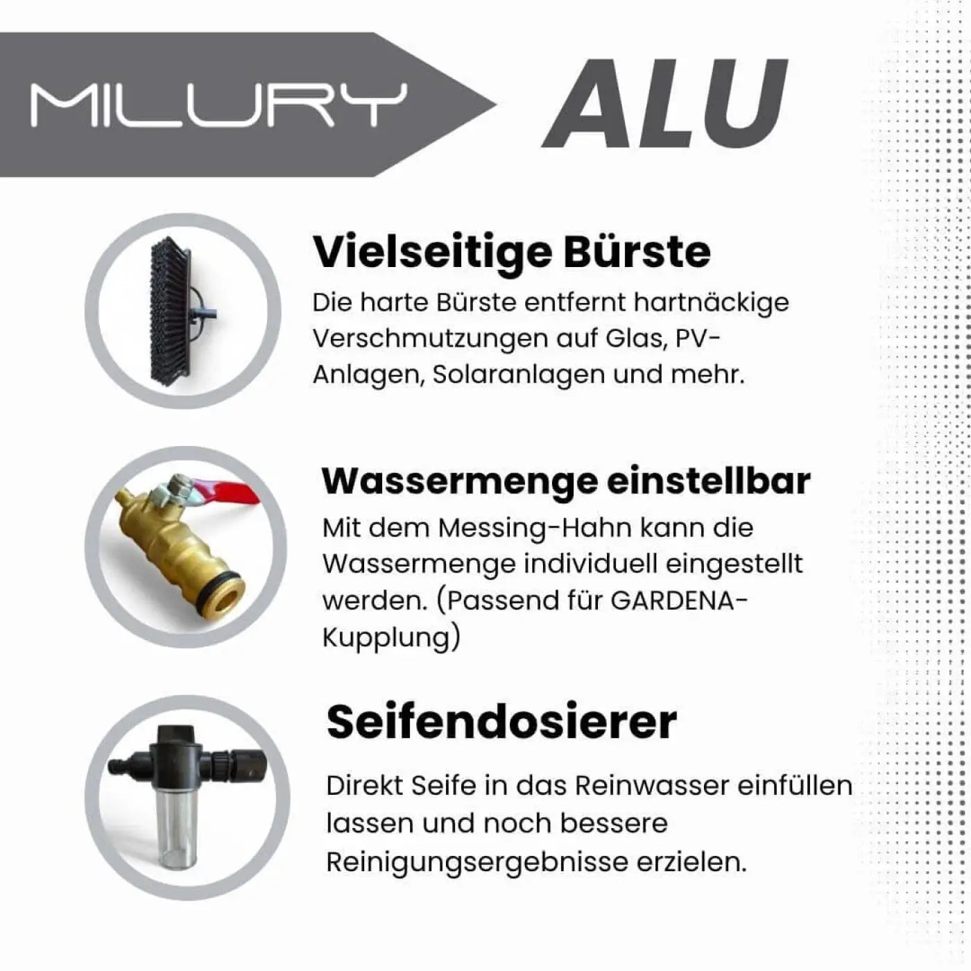 Milury aluminium profi-teleskopstange mit schwarzer borstenbürste, messing wasserhahn mit rotem griff und transparenter dosiereinheit