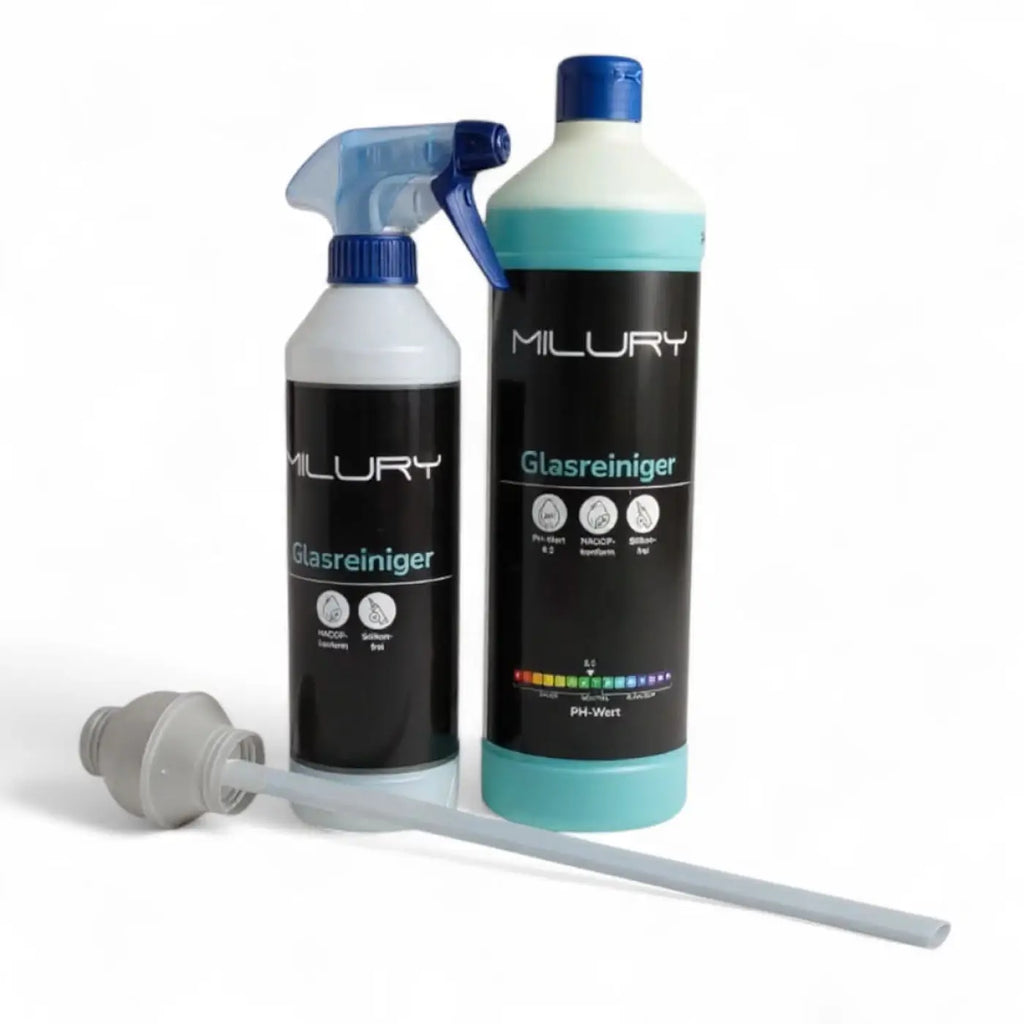 Milury glasreiniger spraysprüher mit blauem trigger und schwarzem etikett für dosieraufsatz 20 ml flaschen