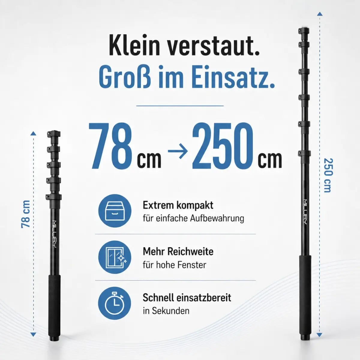 MILURY NANO Perche télescopique 78 cm-250 cm pour le nettoyage des vitres