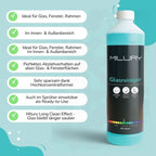 Milury glasreiniger in transluzenter türkiser flasche mit weißem deckel und schwarzem etikett im power trio reinigungsset