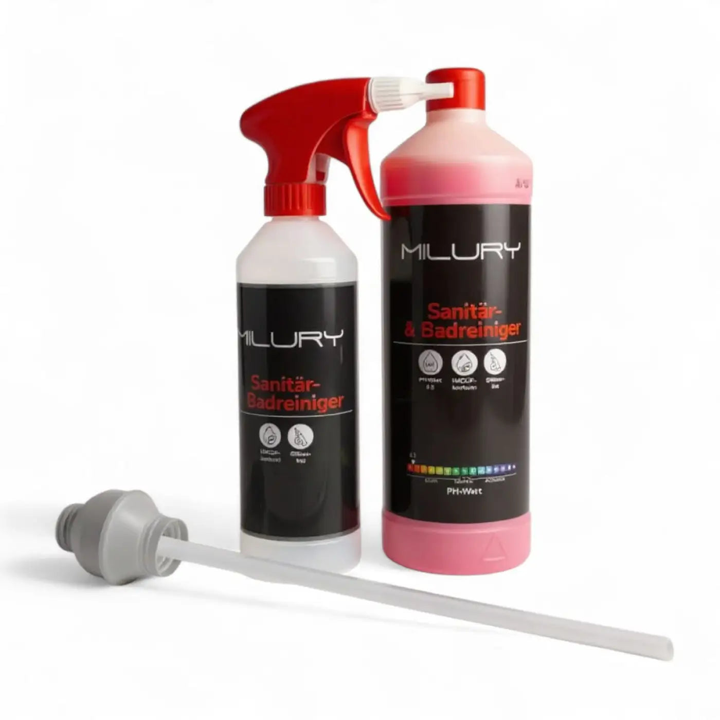 Milury sanitär-badreiniger sprayflasche in pink und weiß mit rotem abzug und praktischer dosierkugel 20 ml