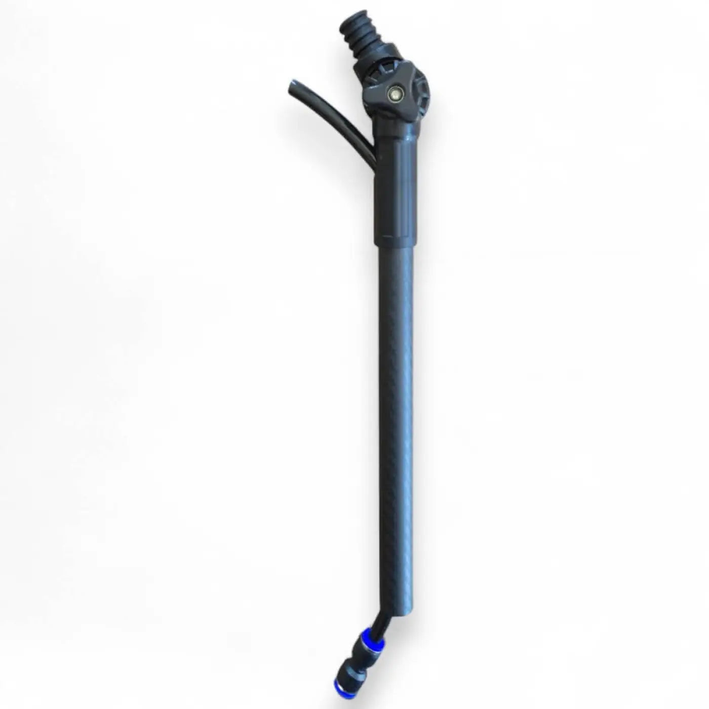 Schwarzer teleskopstab aus carbon mit gelenkigem oberteil und blauen akzenten milury winkel adapter carbon