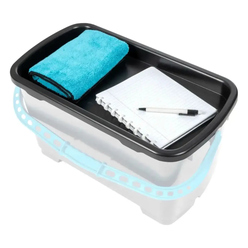 Transparenter plastikdeckel mit schwarzem rand und hellblauem griff für moerman 22 liter profi eimer