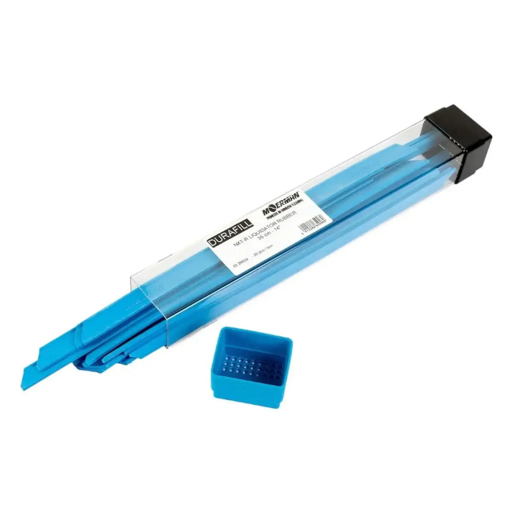Blue plastik durafill pinsel im klaren rohr mit schwarzem deckel und blauem aufbewahrungstablett moerman liquidator nxt-r gummi 20er box