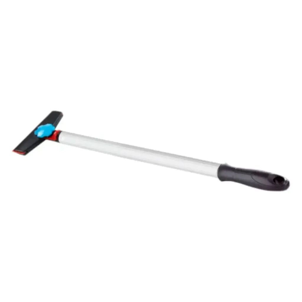 Moerman premium schaber mit griff schwarzer und silberner teleskopgriff mit blauem gummibandkopf