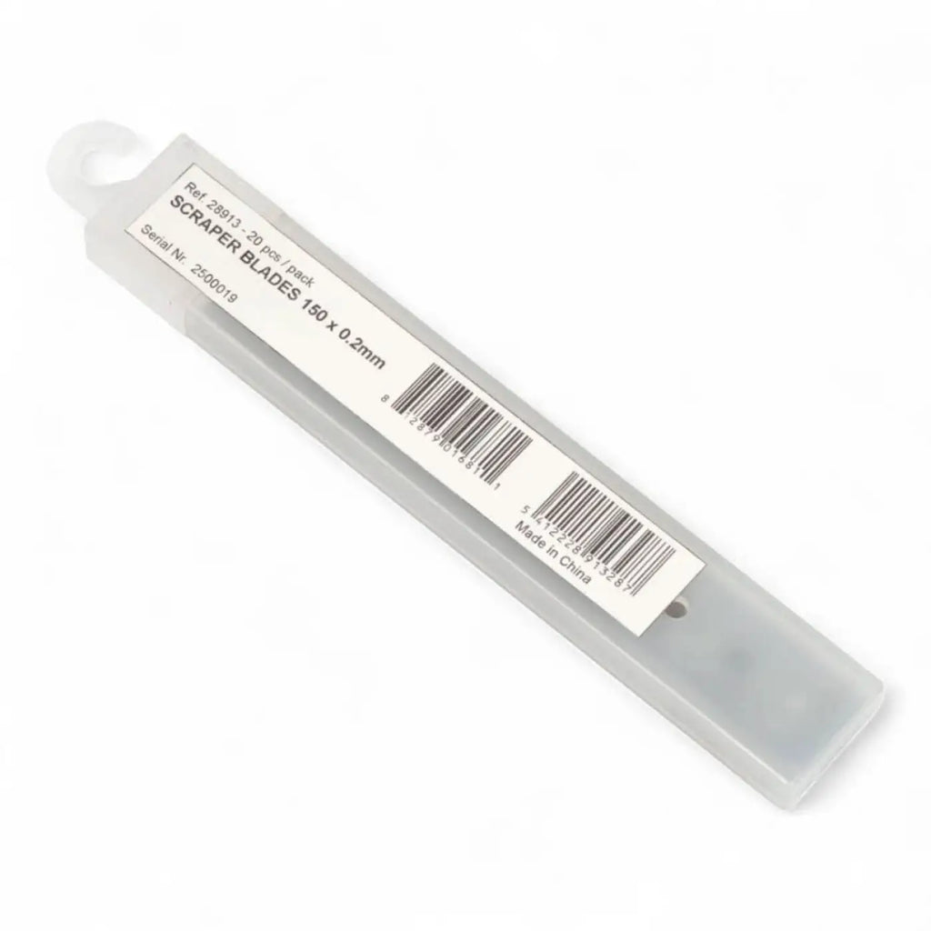 Klare kunststoffverpackung mit 20 moerman sharkblade schaber klingen 150 x 0,2 mm für präzises schaben
