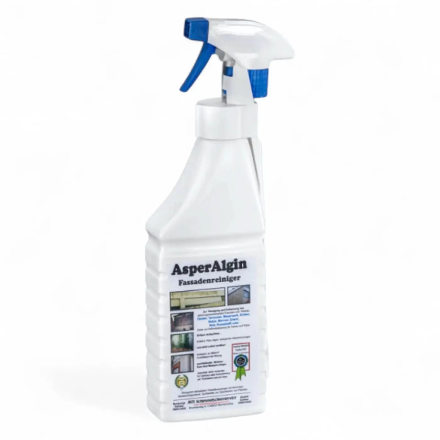 White plastic spray bottle with blue trigger labeled asperalgin fassadenreiniger for exterior wall cleaning 1l