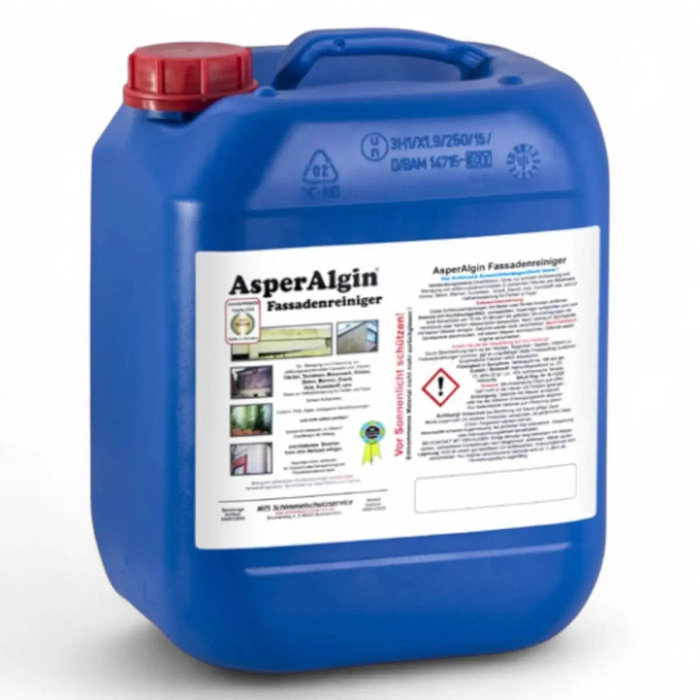Blauer plastikkanister mit rotem deckel und weißem etiket asperalgin fassadenreiniger 20 liter original mts