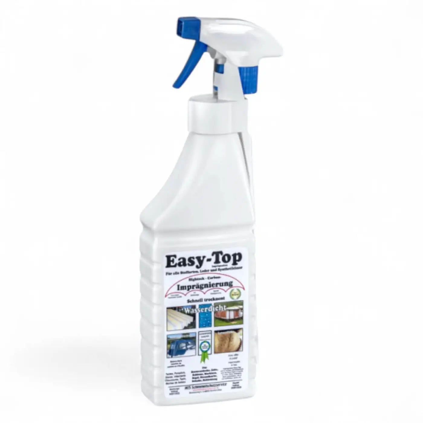 Weiße plastik-sprühflasche mit blauem abzug easy-top zur schnellen fleckentfernung bei mts original easy-top hightec carbon imprägnierung 1l