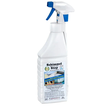Weißes plastiksprühflasche mit blauem abzug und düse mts original schimmelstop 500ml zur schimmelentfernung