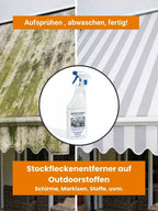 Weiße sprühflasche mit blauem trigger und etikett tento-clean für outdoorstoff fleckenentferner 1l