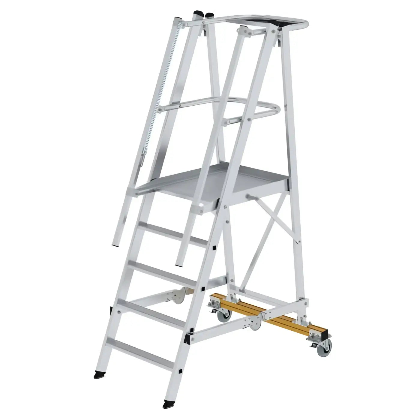 Silberne aluminium plattformleiter munk klappbar und fahrbar mit sicherheitsgeländer und rollen