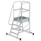 Munk plattformleiter mit rollen silberne aluminiumstufenleiter mit sicherheitsgeländer und schwarzen gummifüßen