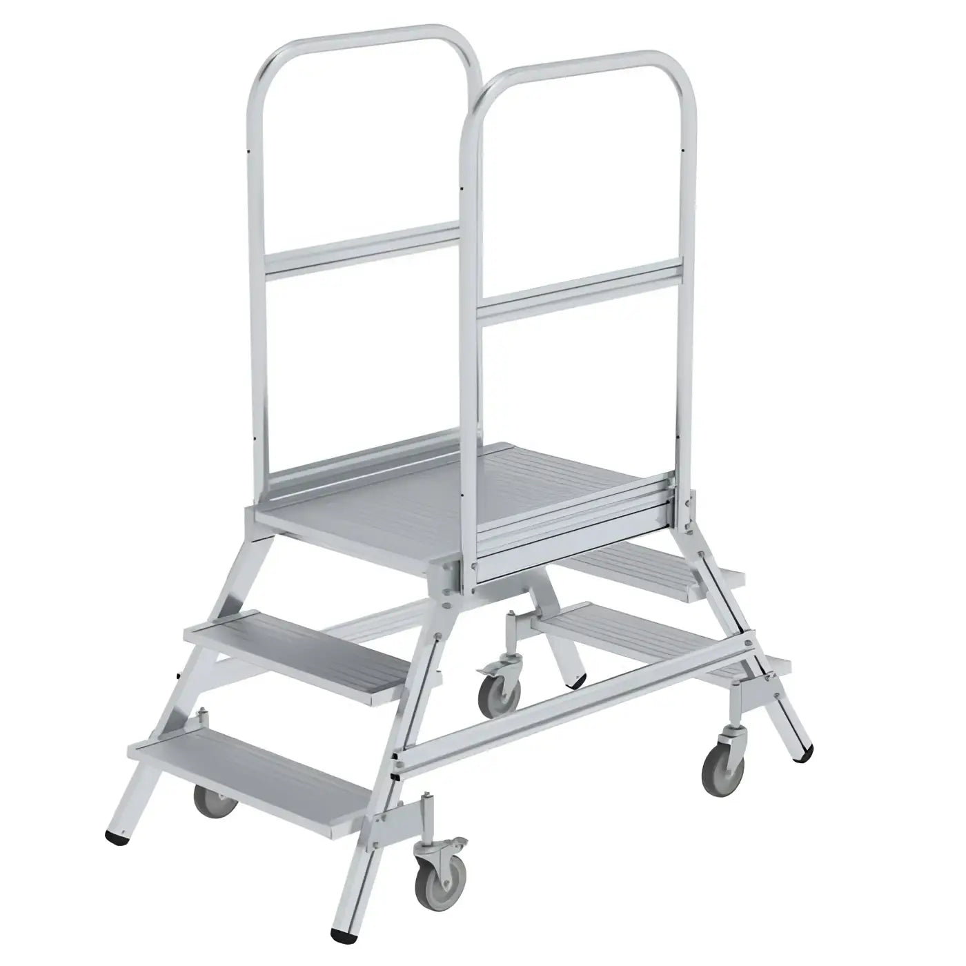 Silberne aluminium podesttreppe mit vier rollen und sicherheitsgeländer beidseitig begehbar geriffelt