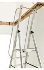 Silver aluminium step ladder munk ml plattformleiter with black rubber feet and handrails