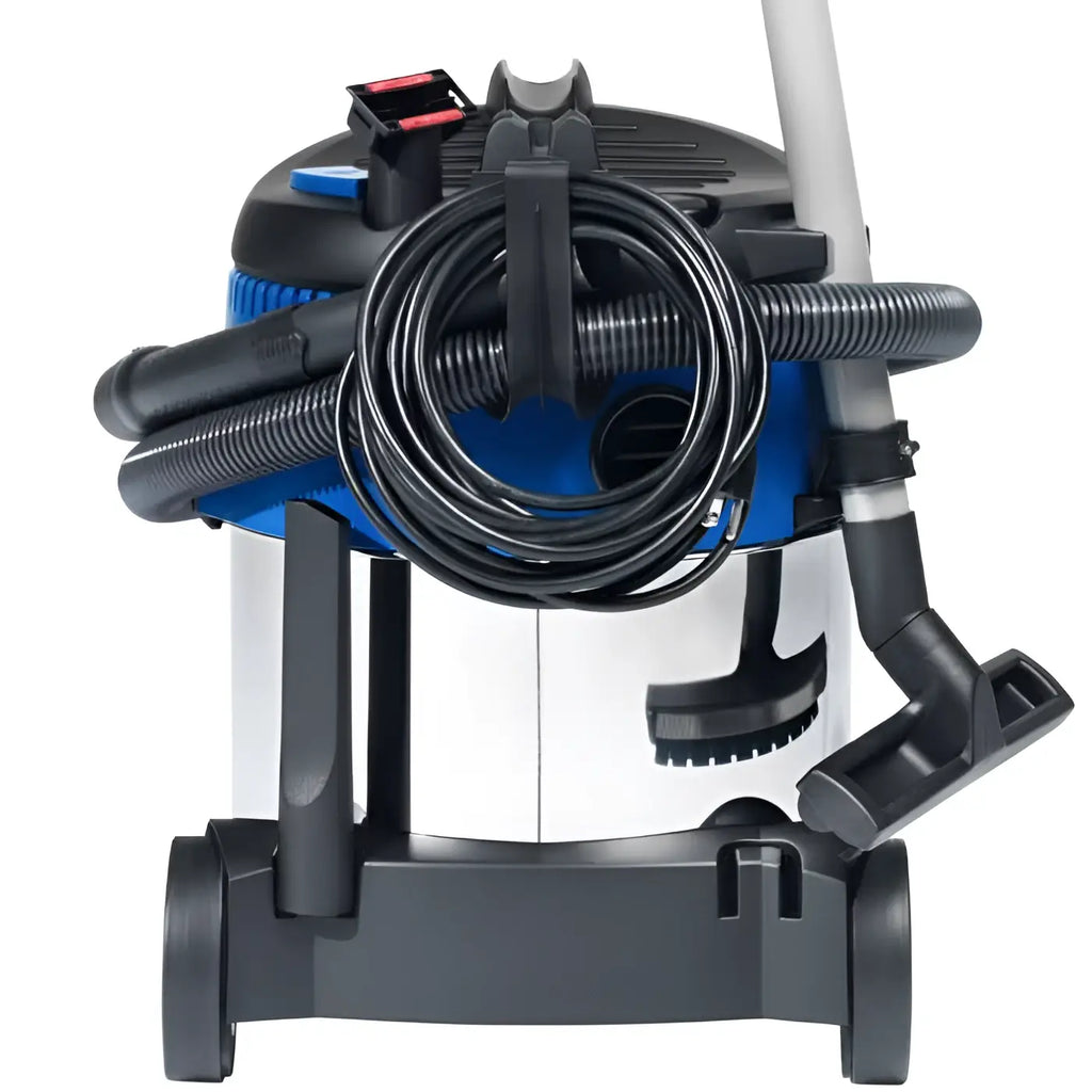 Nilfisk aero 21-21 pc inox industriesauger blau und silber nass trocken sauger mit schwarzem schlauch und rollen