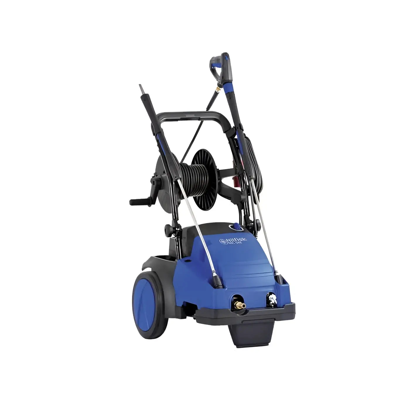 Nilfisk hochdruckreiniger mc 5m-180/840 xt blau und schwarz mit aufgerolltem schlauch griff und rädern
