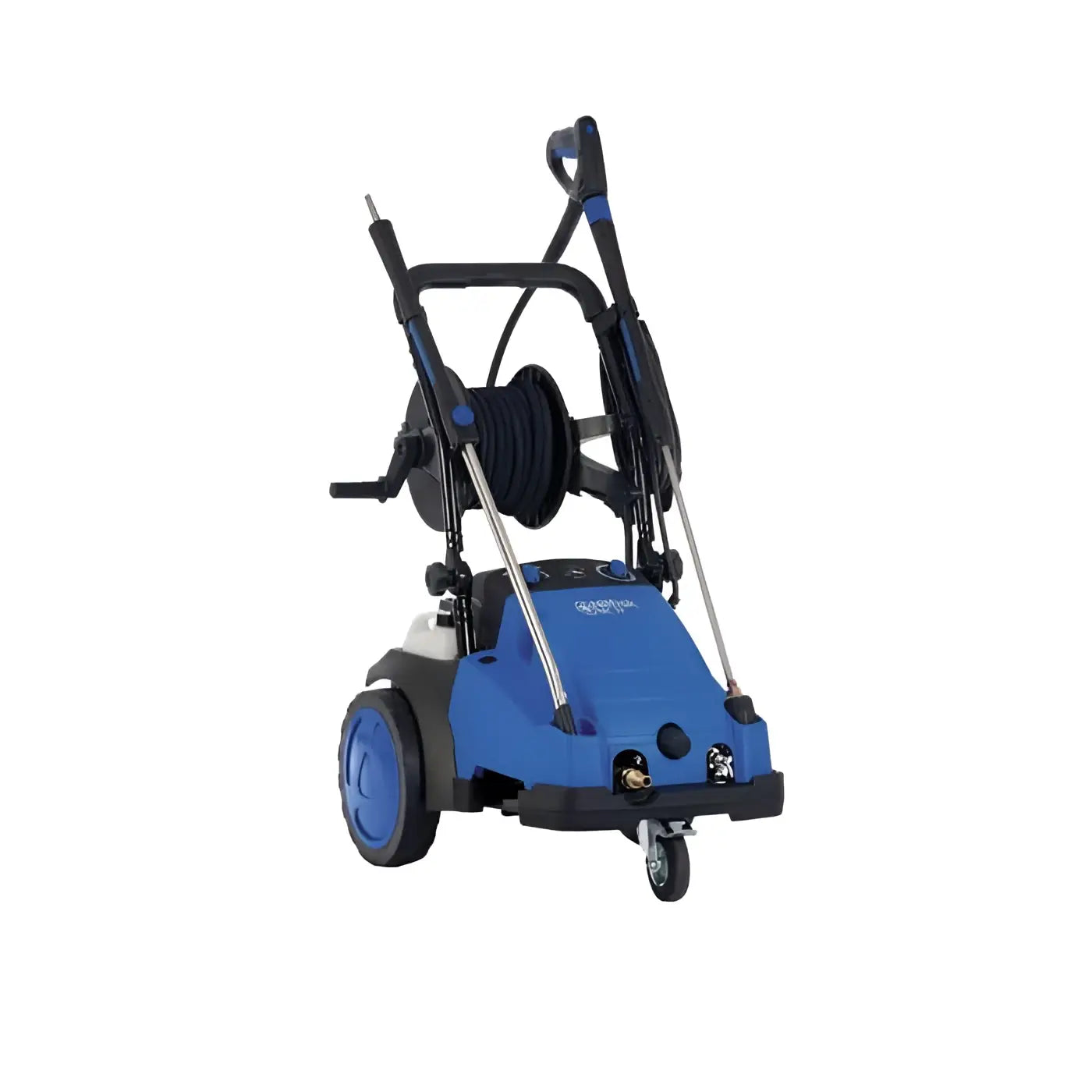 Nilfisk hochdruckreiniger mc 7p-195/1280 xt in blau und schwarz mit schlauch, griffen und rädern zu sehen