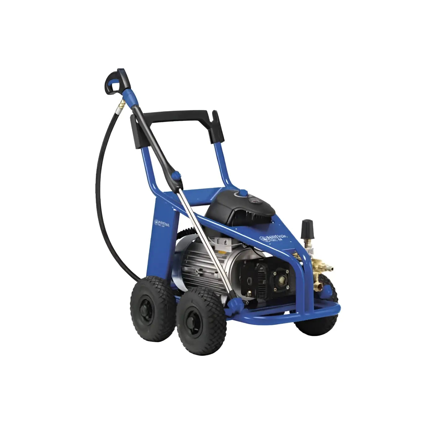 Nilfisk hochdruckreiniger mc 8p-180/2100 blaue industrie-presswascher mit schwarzem griff, rädern und motor auf der rückseite