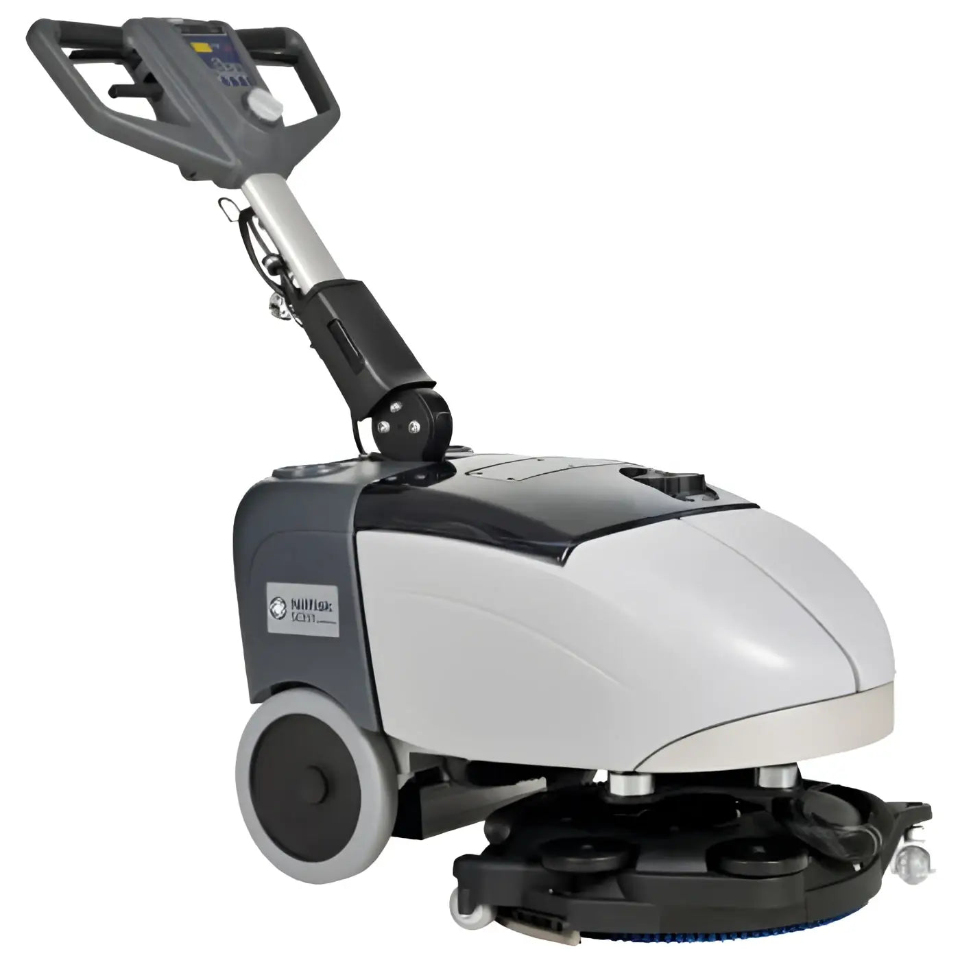 Nilfisk sc 351 komplett reinigungsmaschine grauer und weißer bodenschrubber mit digitalem bedienfeld schwarzen rädern und rundem reinigungskopf