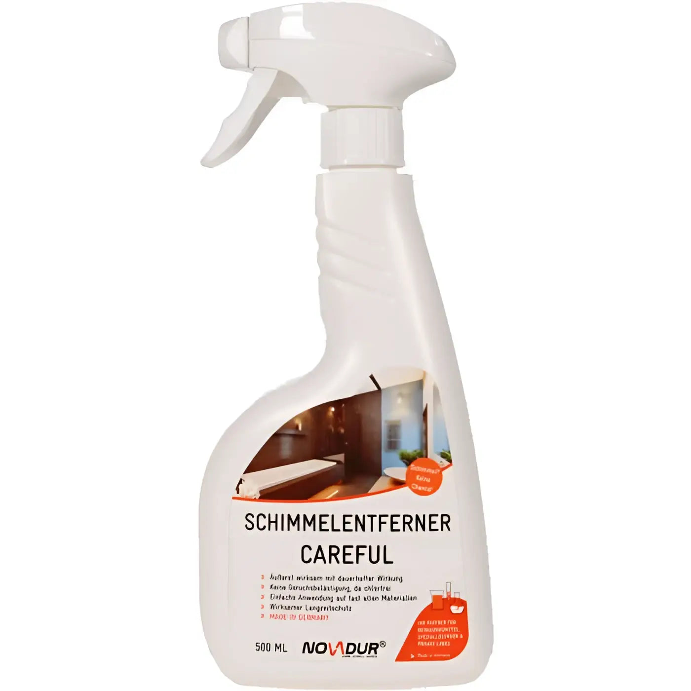 Weiße plastik-sprühflasche novadur schimmelentferner careful chlorfrei 500ml mit weißer sprühdüse und orangefarbenem etikett