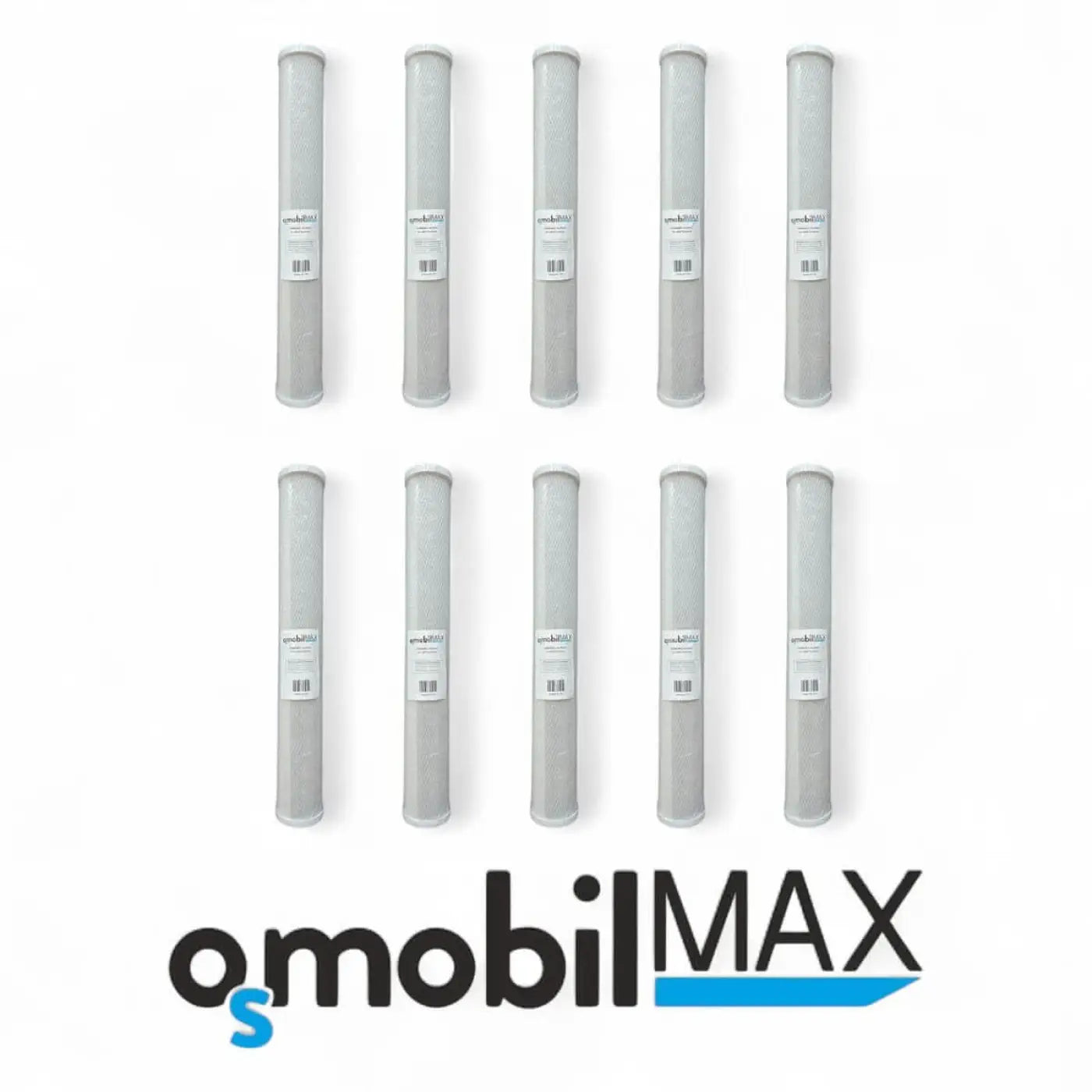 Zehn graue zylinderförmige vorfilterkartuschen mit weißen etiketten für osmobil max osmoseanlage