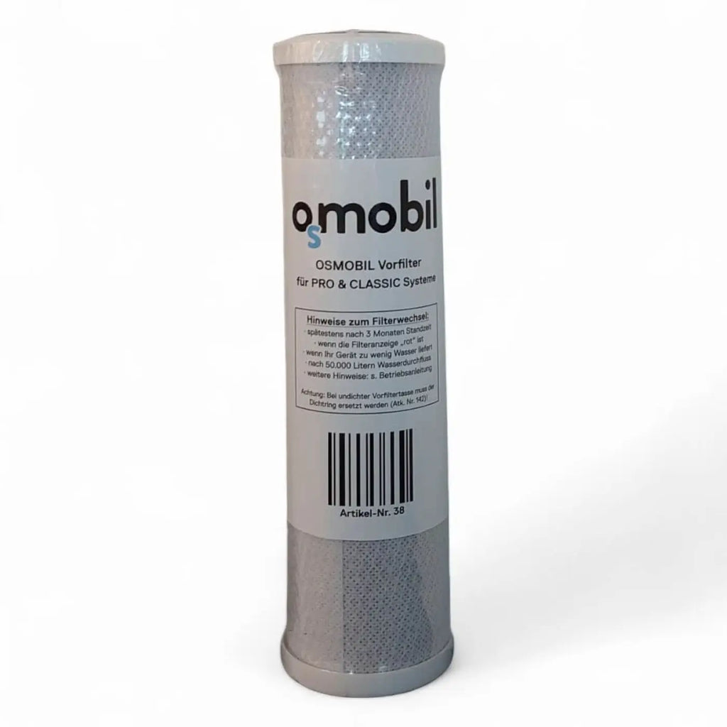 Silberner zylindrischer vorfilter aus metall mit weißem etiket und schwarzem omobil-logo für pro x pro classic systeme
