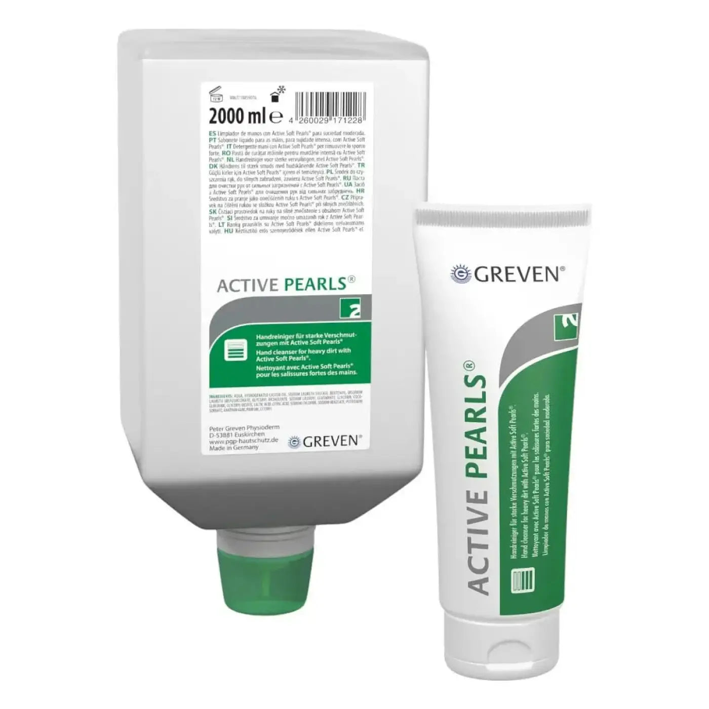 Zwei weiße und grüne greven active pearls handreiniger tubes, 2000 ml und kleinere größe, lösemittelfrei