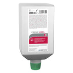 Eine weiße, rechteckige kunststoffflasche mit grünem deckel und creme urea etikett von peter greven hand- und gesichtscreme