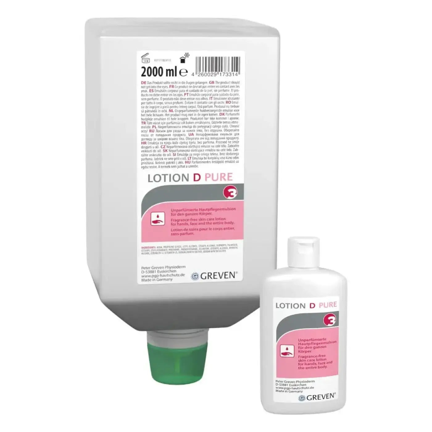 Weiße plastikflasche peter greven lotion d pure mit grünem deckel und rosa etikett, unparfümierte pflegelotion