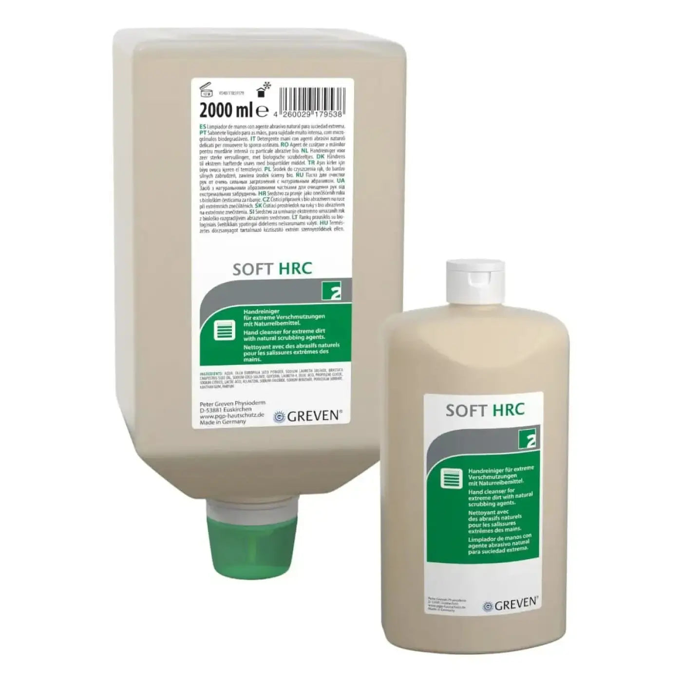 Zwei beige kunststoffflaschen peter greven soft hrc handreiniger mit bio-reibemittel eine groß grün, eine klein weiß