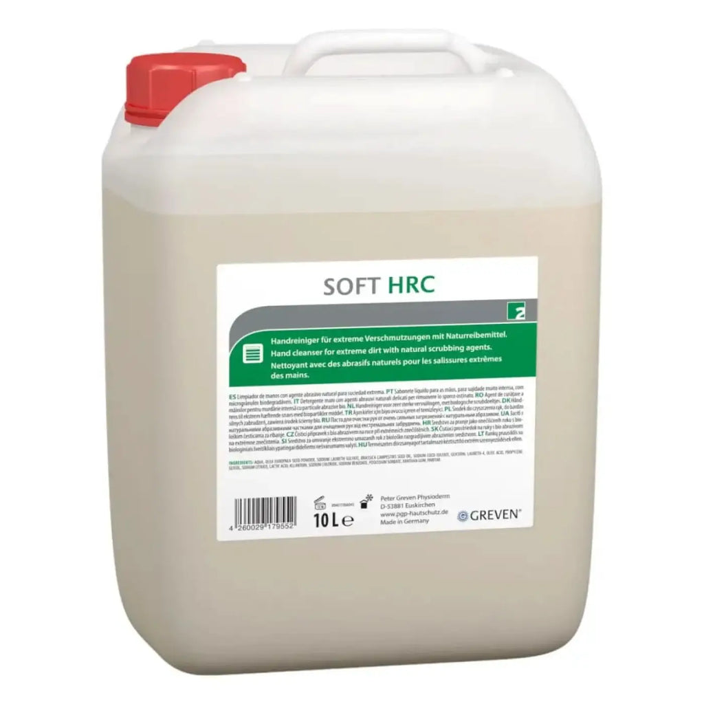 Weißer plastikkanister mit rotem verschluss und grünem etikett enthält 10 liter peter greven soft hrc handreiniger mit bio-reibemittel