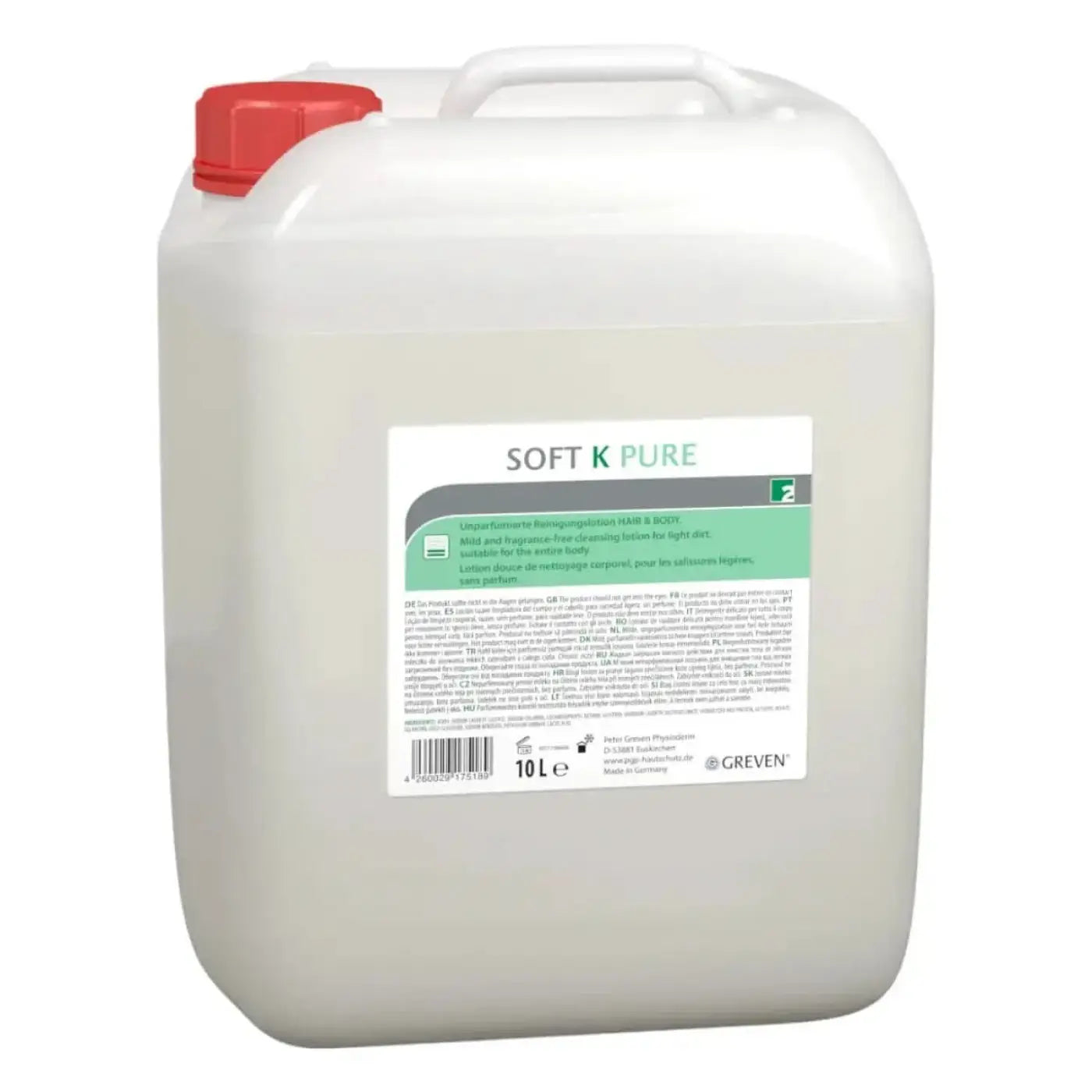 Weißer plastikkanister mit rotem deckel und grünem label soft k pure von peter greven ungeparfümierte reinigungslotion