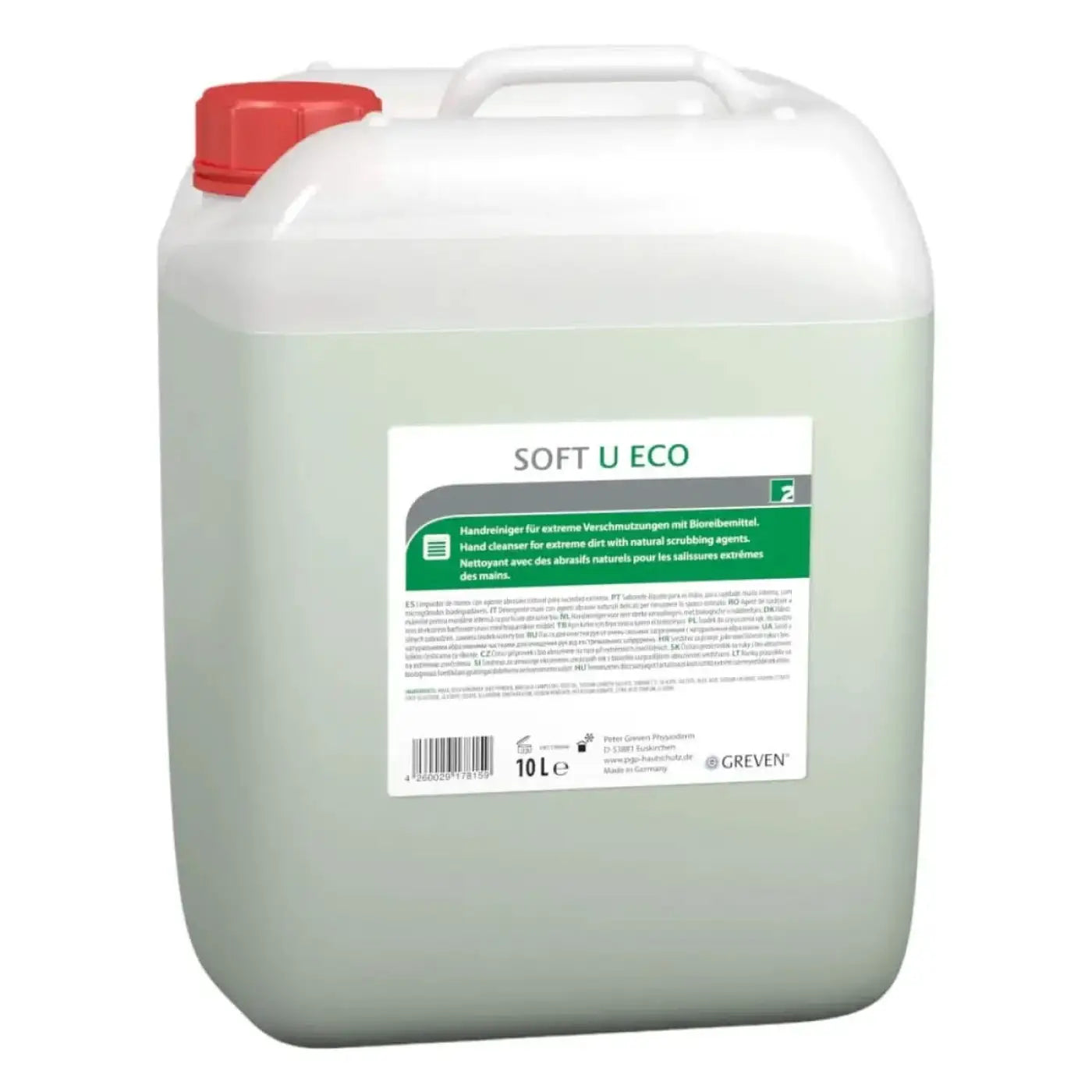 Ein 10 liter weißer kunststoffkanister mit rotem verschluss von peter greven soft u eco